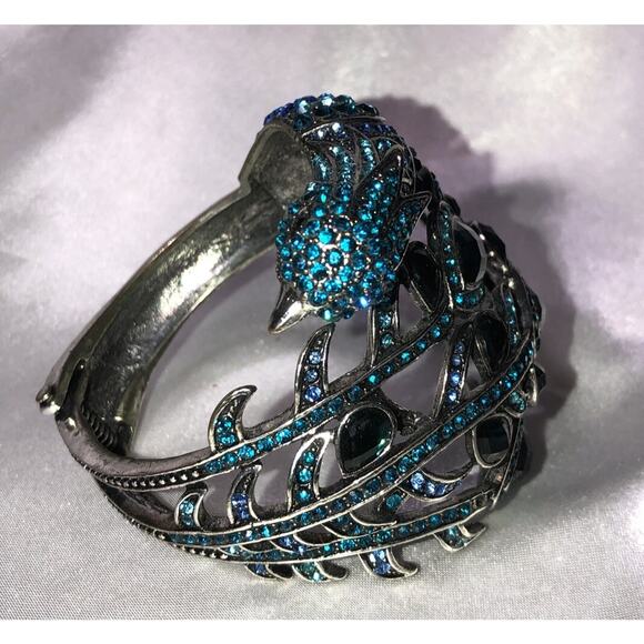 Peacock Bracelet Art Deco Rhinestone Hinged Cuff Wrap Clamp Aqua Blue - Picture 7 of 11